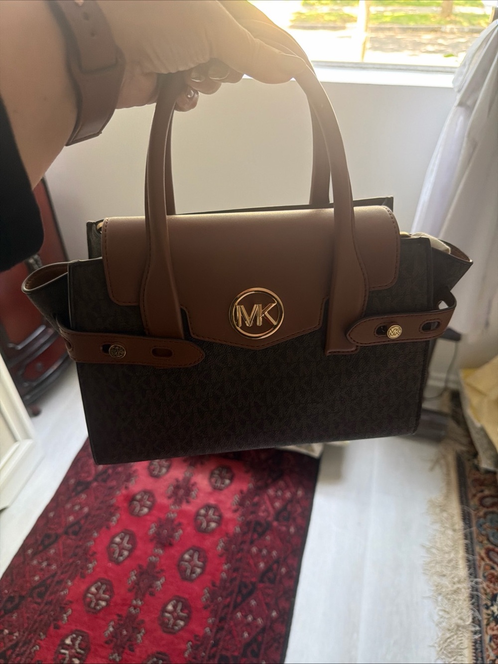 Michael Kors Dark Brown MK Logo Satchel with Tan Trim